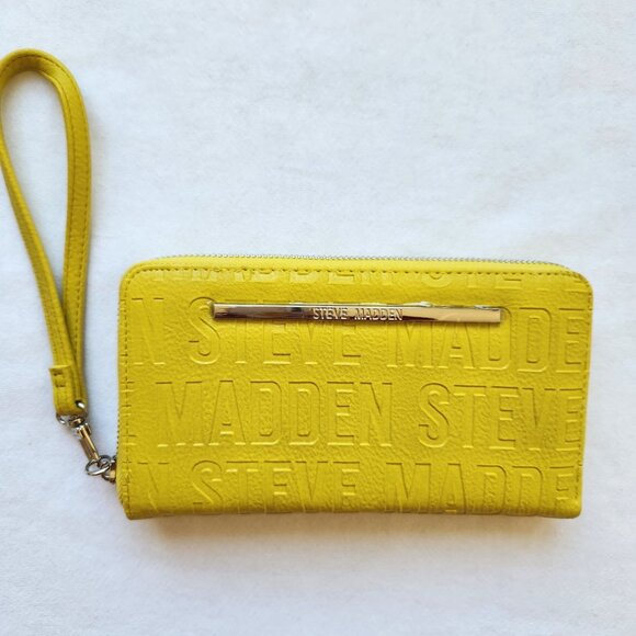 Steve Madden Handbags - Steve Madden Yellow Embossed Logo Zip-Around Wallet Wristlet Bag Strap Fun